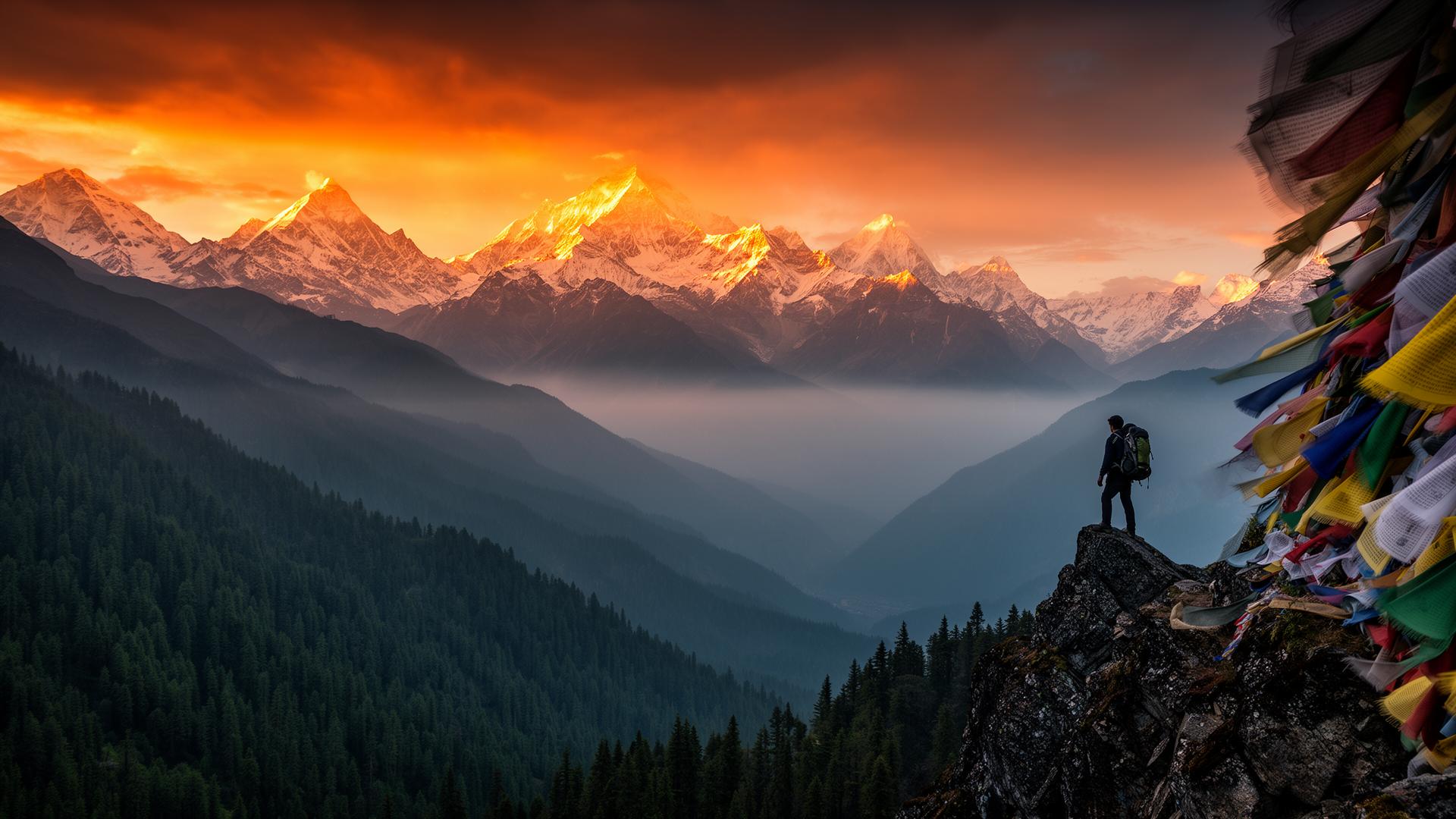 Himalayan peaks at sunrise with prayer flags and a lone trekker
